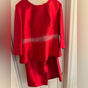 Radiant Elegance: Red Satin Two-Piece Suit with Rhinestone Accents Size 18